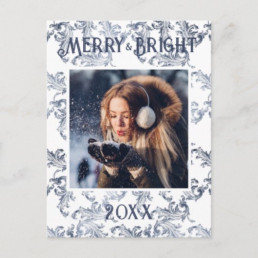 Merry & Bright Photo Blue  vakantie Briefkaart (Voorkant)