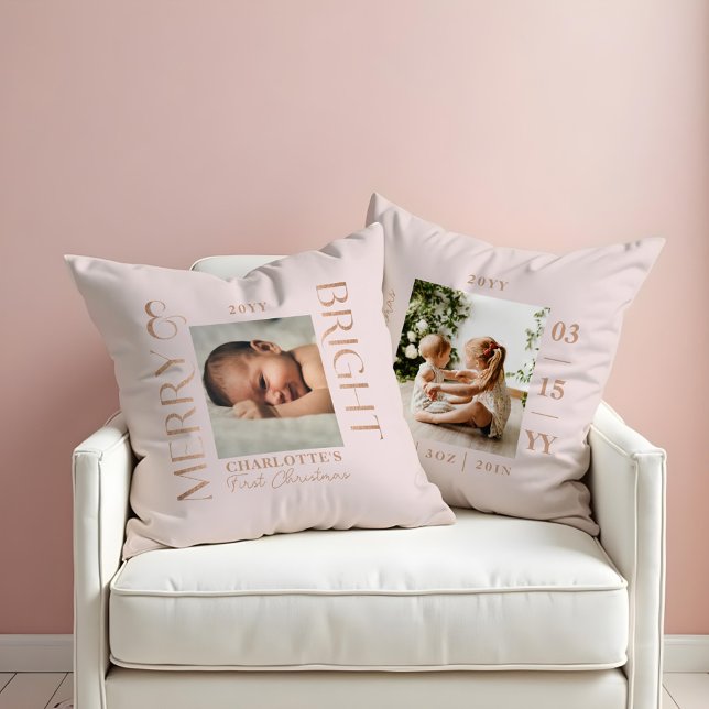Merry & Bright Pink Baby Eerste Kerstfoto's Kussen (Merry & Bright Pink Baby First Christmas Photos Throw Pillow)