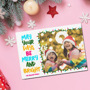 Merry Bright Pink Blue Kerstverlichting Foto Feestdagenkaart