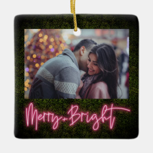 Merry + Bright Pink Neon Boxwood kerstfoto Keramisch Ornament
