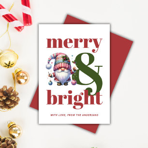 Merry & Bright Red Green Gnome Niet-foto Kerstmis Feestdagenkaart