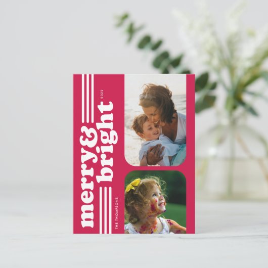 Merry & Bright Retro Magenta Photo Briefkaart (Staand voorkant)