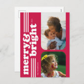 Merry & Bright Retro Magenta Photo Briefkaart (Voorkant / Achterkant)