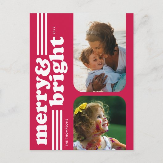 Merry & Bright Retro Magenta Photo Briefkaart (Voorkant)