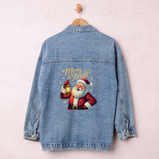 Merry Bright Santa Holding Lantern Illustration Denim Jacket (Hangar)
