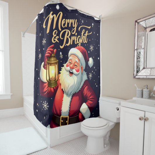 Merry Bright Santa Holding Lantern Illustration Douchegordijn (In situ)