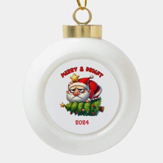 Merry & Bright Santa Keramische Bal Ornament (Voorkant)