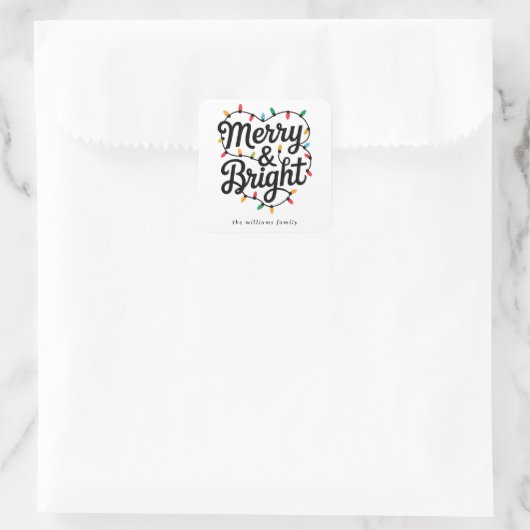 Merry & Bright Script Festive String Light Holiday Vierkante Sticker (Tas)