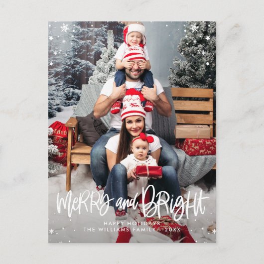 Merry & Bright script foto overlay Feestdagenkaart (Voorkant)