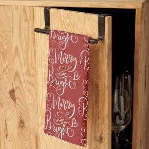 Merry & Bright Script Kalligrafie Red Christmas Theedoek
