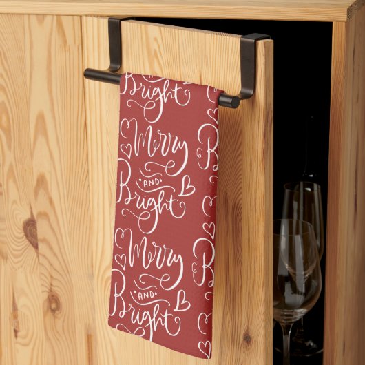 Merry & Bright Script Kalligrafie Red Christmas Theedoek (Derde Gevouwen)
