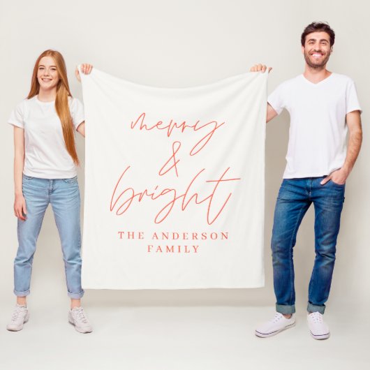 Merry & Bright script tekst rood en wit Kerstmis Fleece Deken (In situ)