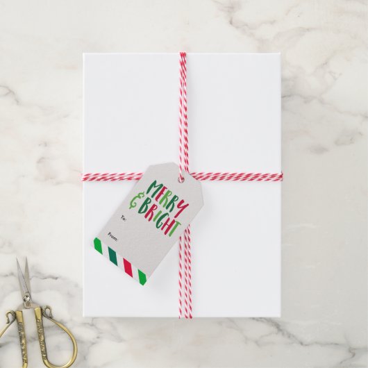 "Merry & Bright" ventilatorstripes kerst Cadeaulabel (Met Touw)