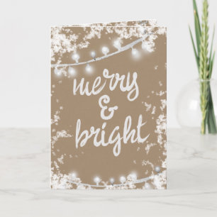 Merry & Bright Writing White Trees Lights Kraft Feestdagen Kaart