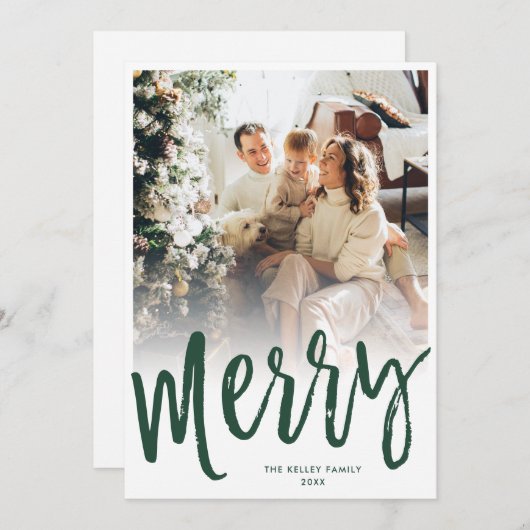 Merry Brush Script Text/Photo on Back, Green Feestdagenkaart (Voorkant / Achterkant)