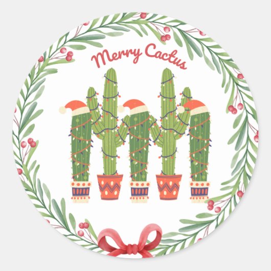 Merry Cactus Ronde Sticker (Voorkant)
