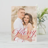 Merry Calligraphy Red Script Overlay Photo Feestdagenkaart (Staand voorkant)