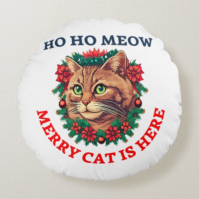 Merry Catmas Rond Kussen (Voorkant)