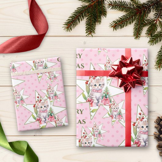 Merry Catmas Roze Kerstkat Cadeaupapier