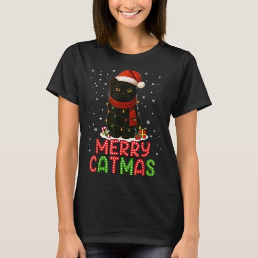 Merry Catmas Santa Hat Funny Black Cat Christmas W T-shirt (Voorkant)