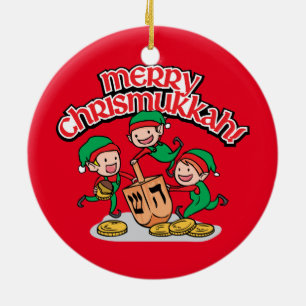 Merry Chrismukkah met Elves en Dreidels Keramisch Ornament