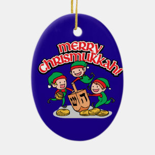 Merry Chrismukkah met Elves en Dreidels Keramisch Ornament