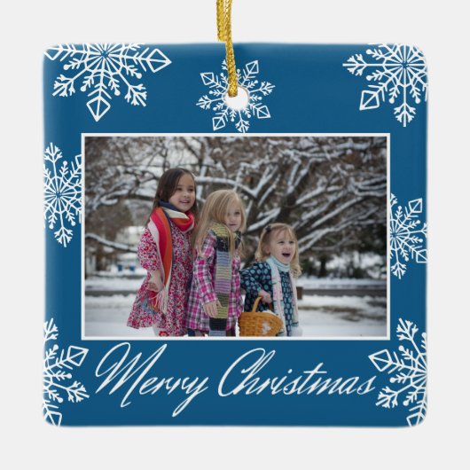 Merry Christmas 2 Photo Blue And White Snowflakes Keramisch Ornament (Voorkant)