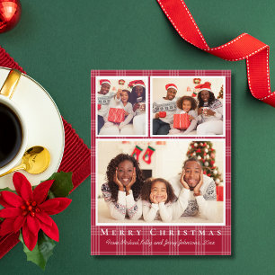 Merry Christmas 3 foto's Red Buffalo Plaid Feestdagenkaart