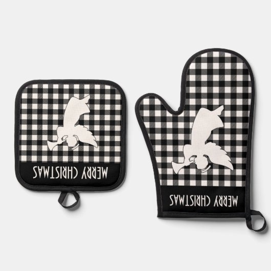 Merry Christmas Black & White Buffalo Plaid Angel Ovenwant & Pannenlap Set (Voorkant)