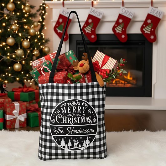 Merry Christmas Black & White Buffalo Plaid Custom Draagtas