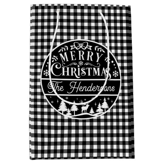 Merry Christmas Black & White Plaid Aangepaste naa Medium Cadeauzakje (Voorkant)