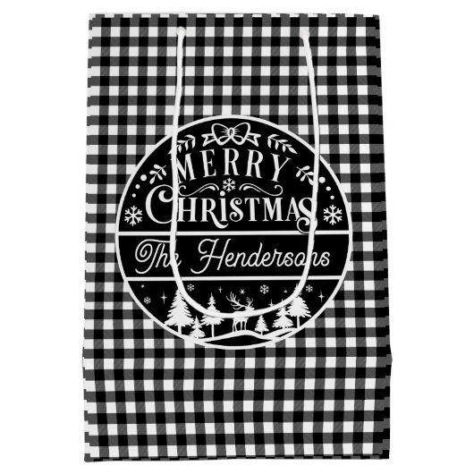 Merry Christmas Black & White Plaid Aangepaste naa Medium Cadeauzakje (Achterkant)