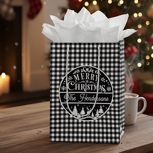 Merry Christmas Black & White Plaid Aangepaste naa Medium Cadeauzakje