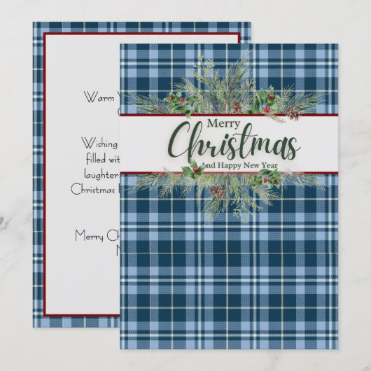 "Merry Christmas" Blue Gingham Plaid Feestdagenkaart (Voorkant / Achterkant)