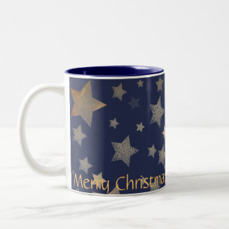 Merry Christmas Blue Gold.Stars Elegant Vintage Tweekleurige Koffiemok