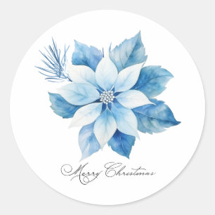 Merry Christmas Blue Poinsettia Gift Label