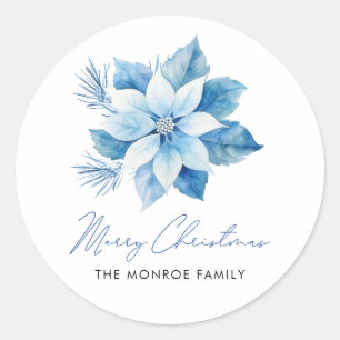 Merry Christmas Blue Poinsettia Sticker
