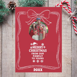 Merry Christmas bow red white modern photo card Feestdagenkaart