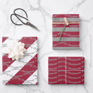 Merry Christmas Burgundy Houndstooth Pattern Inpakpapier Vel
