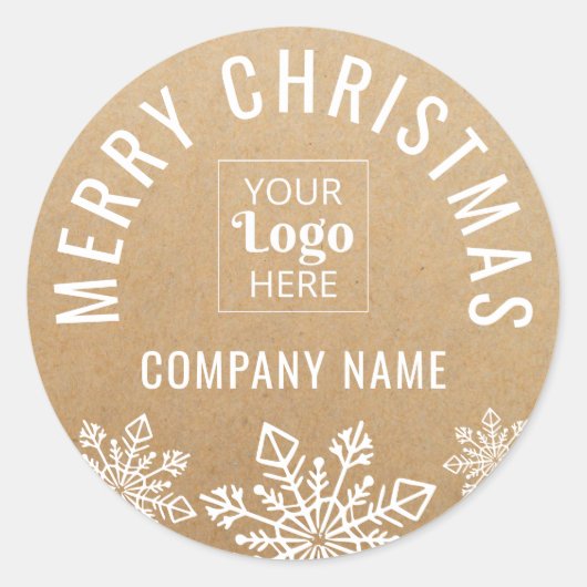 Merry Christmas Business Logo Name Kraft Look Ronde Sticker (Voorkant)