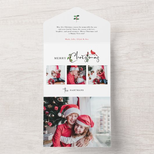 Merry Christmas Calligraphy Botanical 3 Photo All In One Uitnodiging (Binnen)