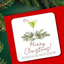 Merry Christmas Candy Cane Martini and Mistletoe Vierkante Sticker