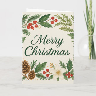 Merry Christmas Card Winter Florals Pine Branches Kaart