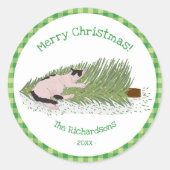 Merry Christmas Cat vs Tree Green Gingham Ronde Sticker (Voorkant)