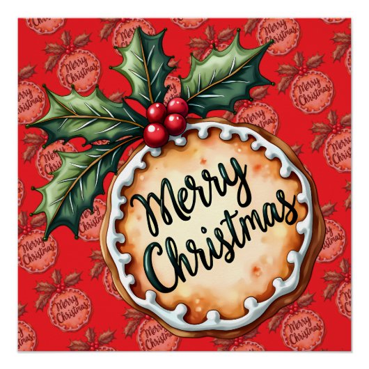Merry Christmas Cookie with Holly Berries Red Perfect Poster (Voorkant)