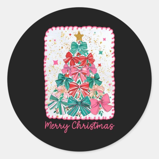 Merry Christmas Coquette Bow Xmas Tree Holiday Gir Ronde Sticker (Voorkant)