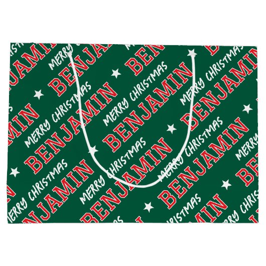 Merry Christmas Custom Name Groen Rood Groot Cadeauzakje (Achterkant)