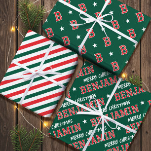 Merry Christmas Custom Name Monogram Groen Rood Inpakpapier Vel