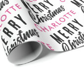 Merry Christmas Custom Name Pink Trendy Cadeaupapier (Rol Hoek)