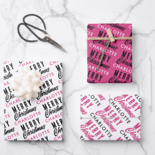 Merry Christmas Custom Name Pink Trendy Inpakpapier Vel